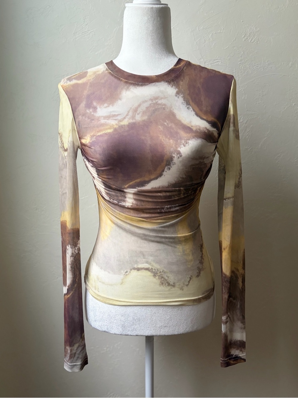 Roey Wang Ruched Mesh Marble Print Long Sleeve Sheer Top Brown Yellow S
